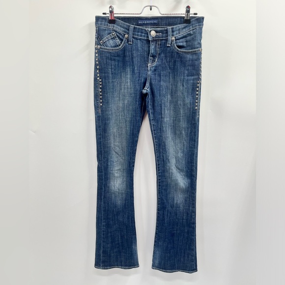 Y2k ROCK & REPUBLIC Flare Blue Jeans Rhinestone Studded Metal Punk Flap Womens 4 - Picture 8 of 14